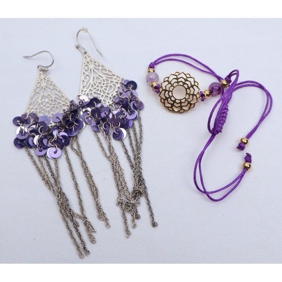 Wearable Fashion Jewelry Lot (8) Boho Purple Silver Layering Necklaces Earrings - Picture 3 of 7